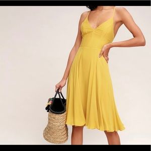 Lulu’s Troulos Mustard Yellow Lace-Up Midi Dress